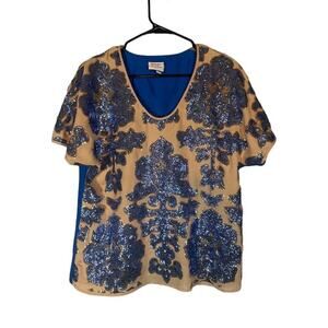Tracy Reese for Neiman Marcus Beige & Blue Sequin Floral Blouse Women Sz M